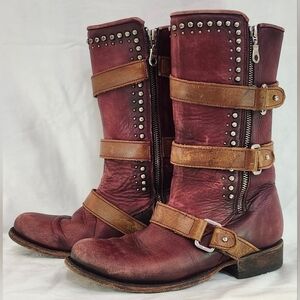 Corral Burgundy and Tan Studded Moto Boots